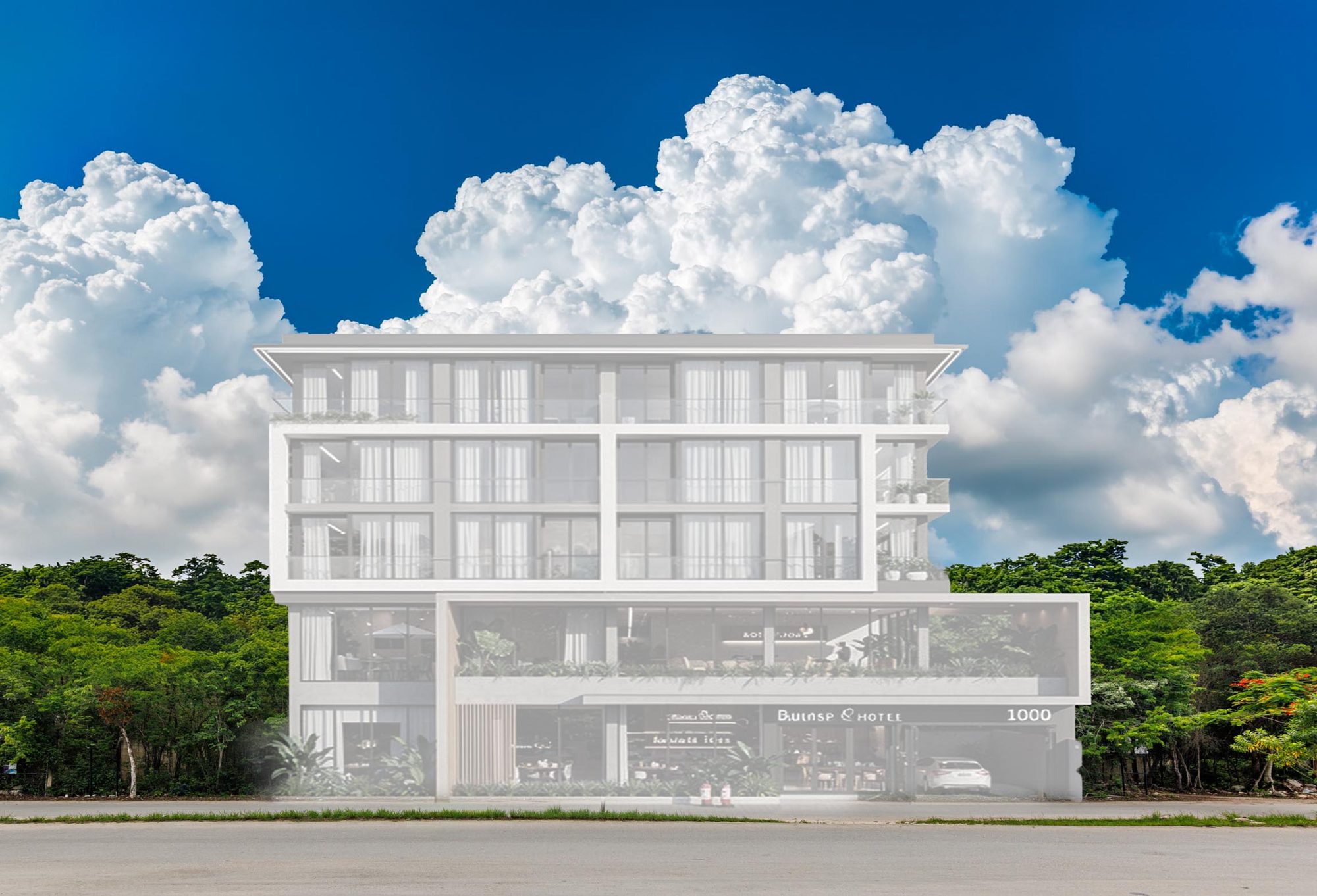 Architectural concept rendering of a four-storey mixed-use building on the lot